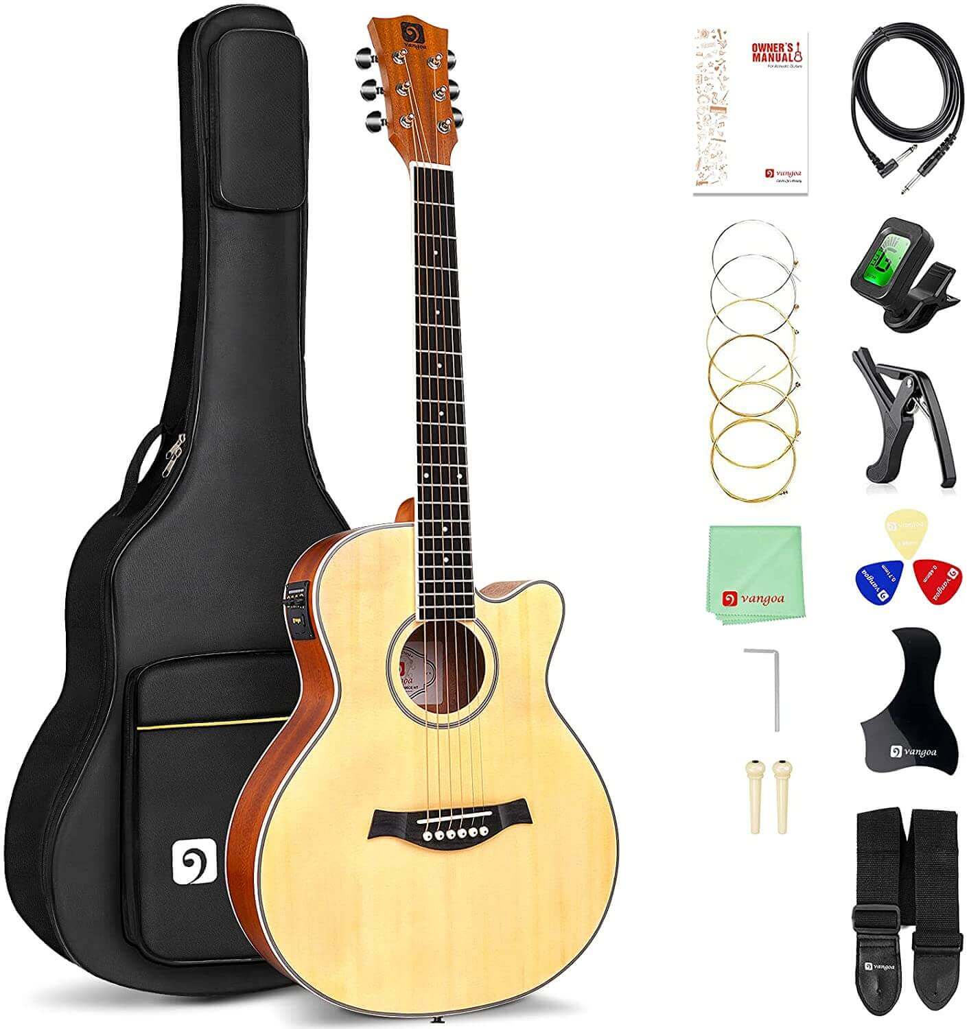 Guitarra electroacústica Vangoa 3/4 que incluye un completo juego de accesorios.